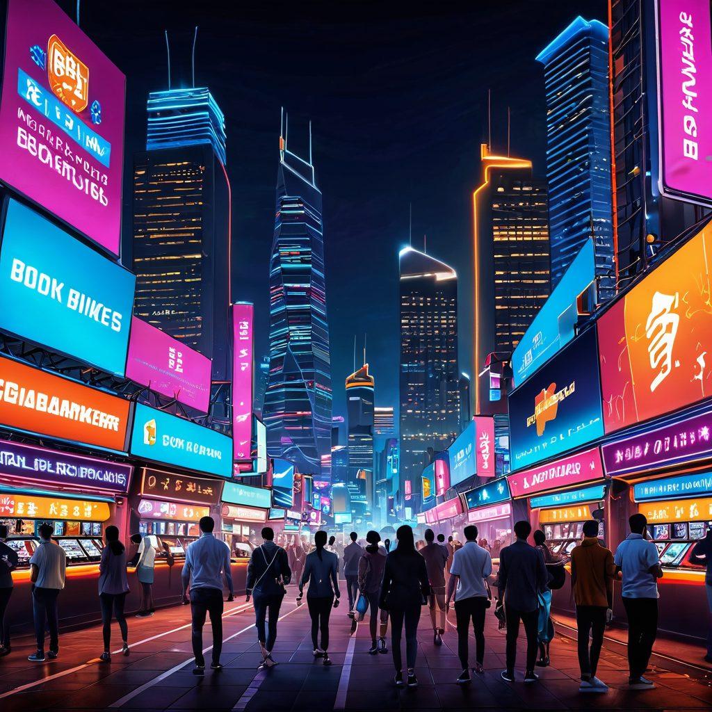 A dynamic urban skyline at night with vibrant neon lights representing digital bookmakers. Include a diverse group of people excitedly using mobile devices to place bets, surrounded by symbols of various sports and games. The scene should convey a sense of energy and modern digital gambling culture in Asia. super-realistic. vibrant colors. night scene.