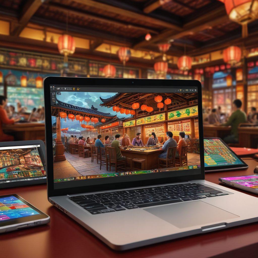 A dynamic scene depicting a bustling online wagering environment, featuring a diverse group of people engaged with various digital devices like laptops and smartphones, showcasing excitement and strategy. Incorporate vibrant Asian market elements such as traditional decor, motifs, and symbols of luck. Include graphs or charts indicating positive trends in winnings in the background. super-realistic. vibrant colors. digital art.